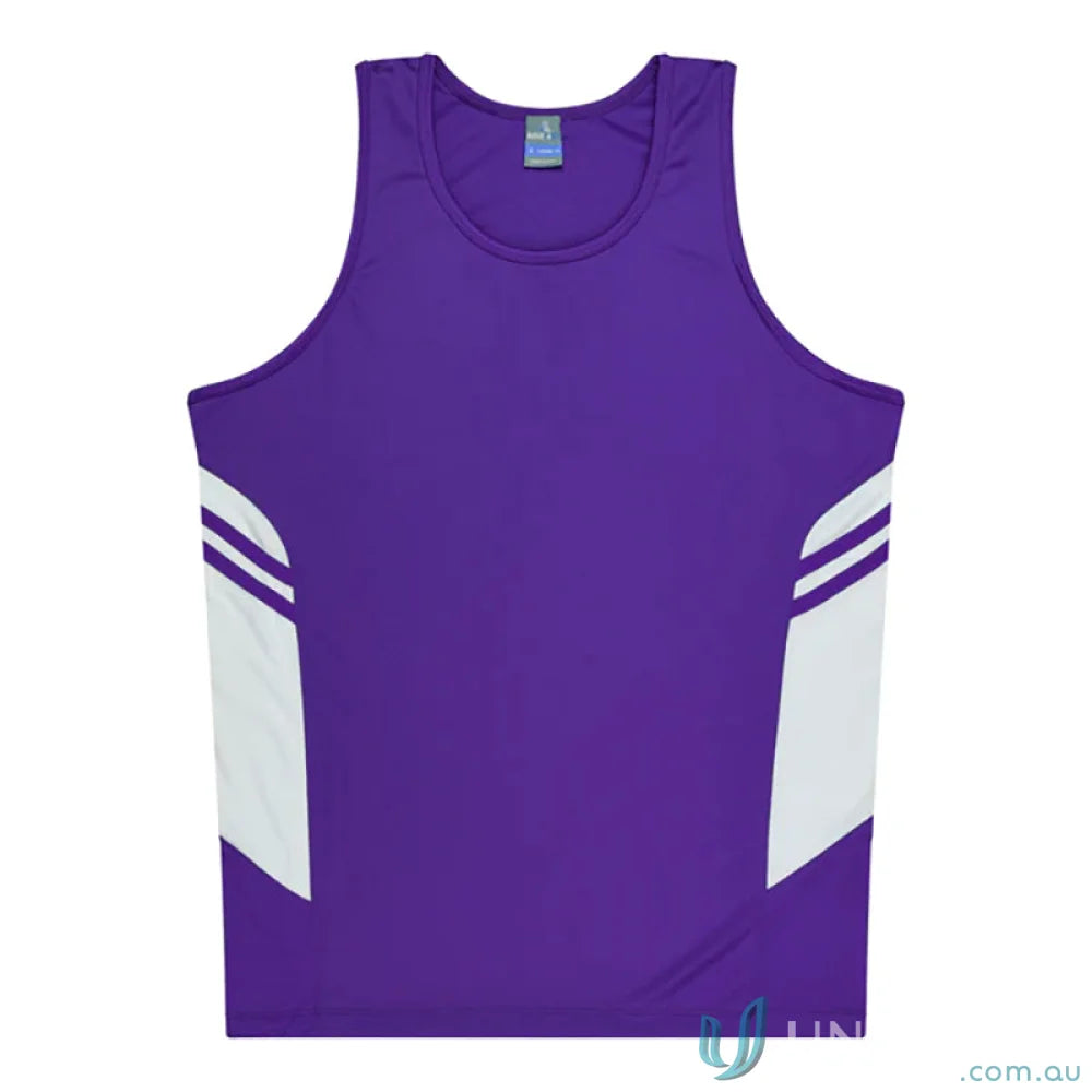 Purple and white Tasman Ladies Singlet with breathable fabric and stylish neck design