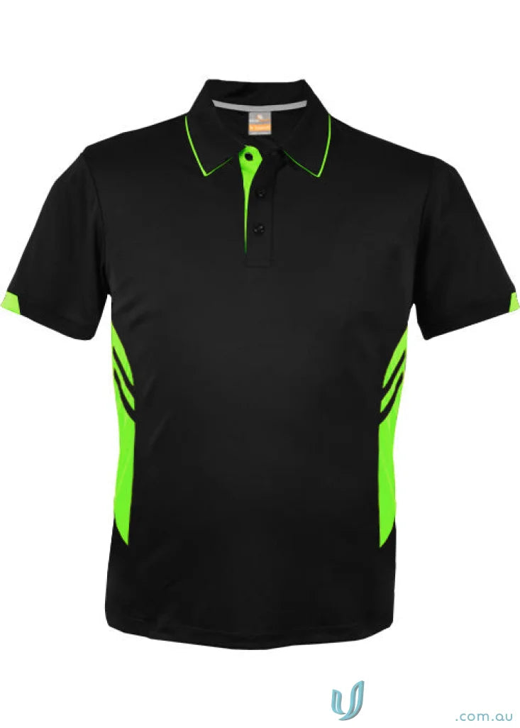 Black thames dark polo shirt with neon green accents on collar placket and sides perfect for work uniforms and workwear