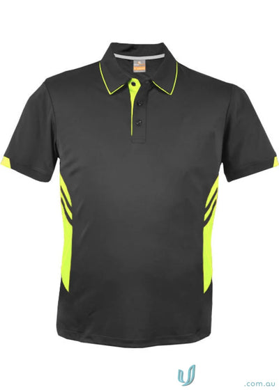 Black thames dark polo shirt with neon yellow trim and bold stripes perfect for stylish workwear and uniforms