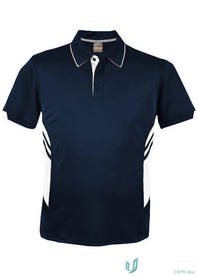 Navy blue thames dark polo shirt with white trim and diagonal stripes perfect for workwear and uniforms