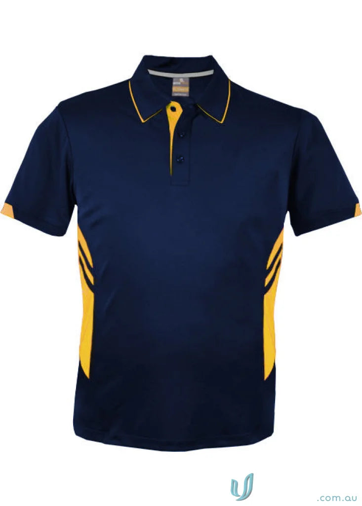 Navy blue and yellow short-sleeved polo shirt with contrast trim perfect for workwear and uniforms