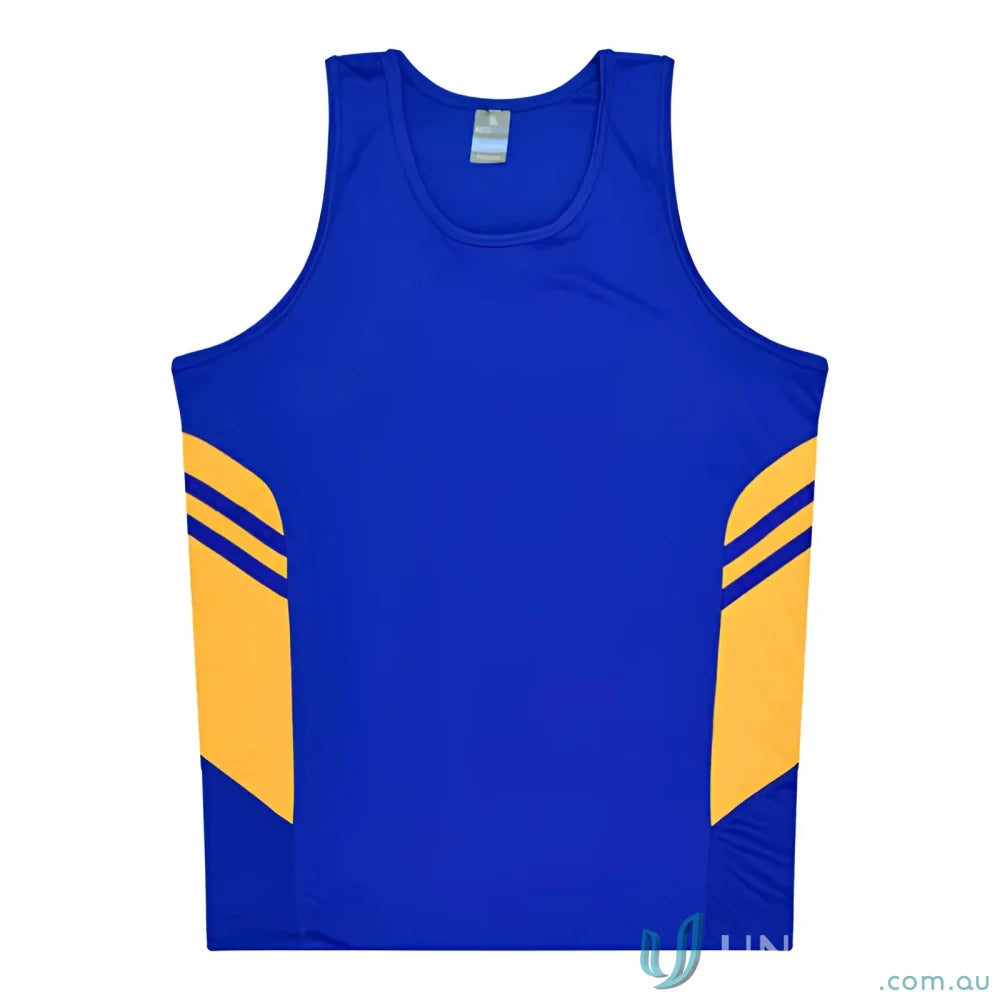 Blue and gold Tasman Singlet athletic tank top ideal for uniforms and workwear