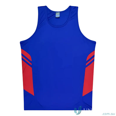 Blue and red Tasman Singlet athletic tank top ideal for uniforms and workwear