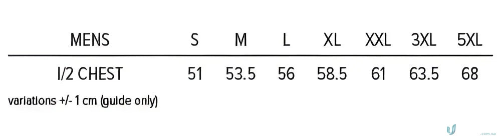 Tasman Singlet mens clothing size chart for workwear uniforms