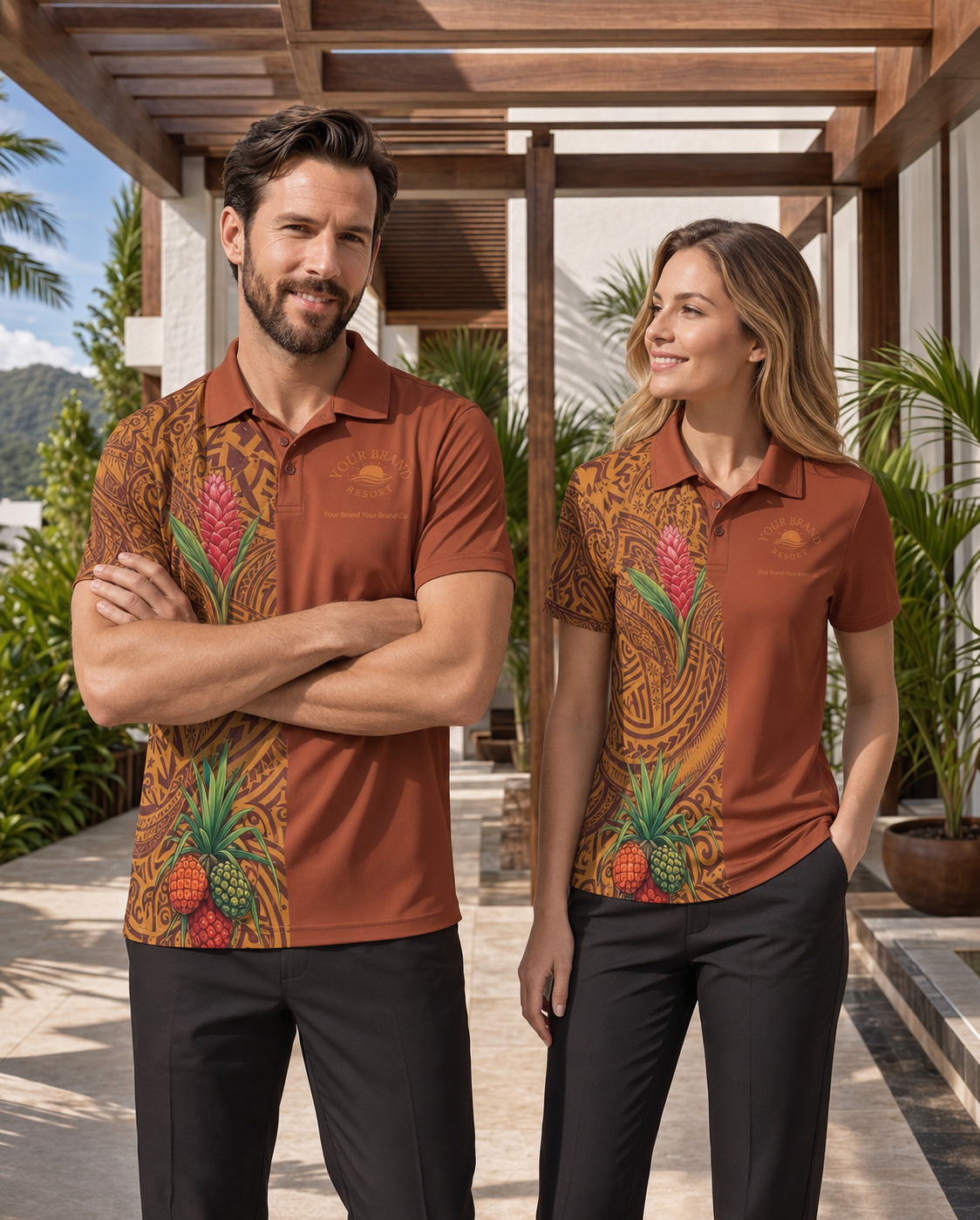 A man and a woman wearing matching brown short-sleeve polo shirts with a tropical pineapple and floral print, standing in a resort-style outdoor walkway.