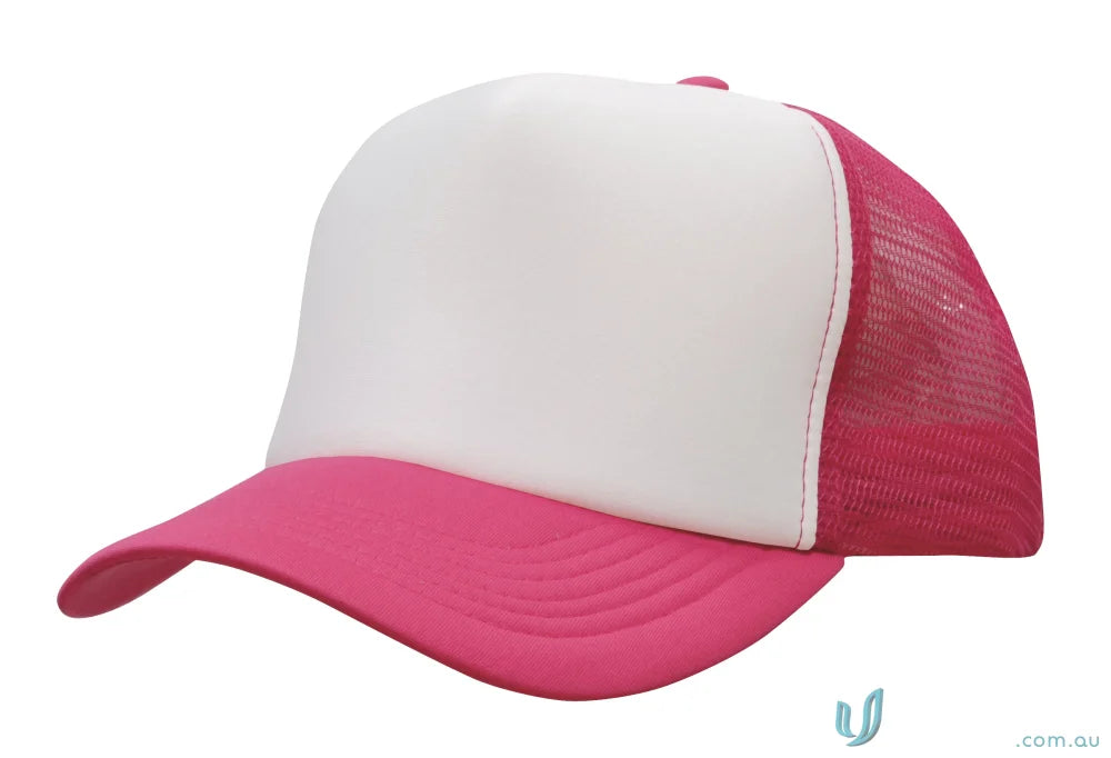 Pink and white trucker hat from the Truckers Mesh Cap collection, perfect for uniforms and workwear FAQ link