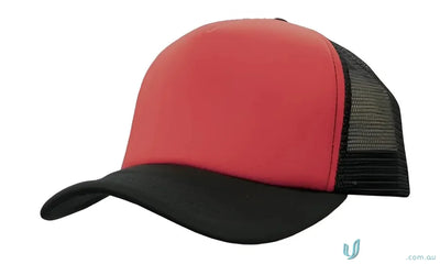 Red and black trucker hat shown in Truckers Mesh Cap, perfect for uniforms and workwear