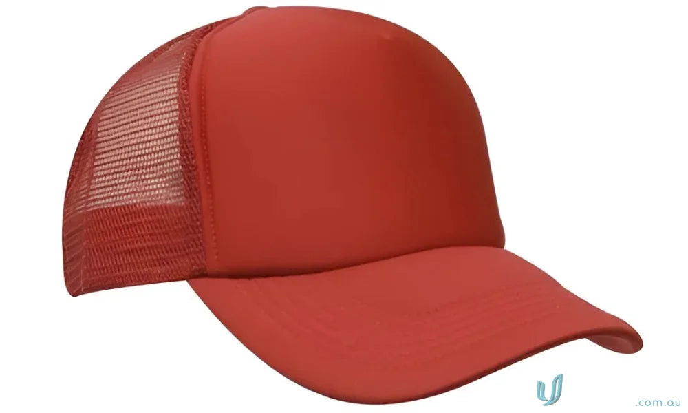 Red trucker hat from Truckers Mesh Cap, great for uniforms and workwear, faq link included
