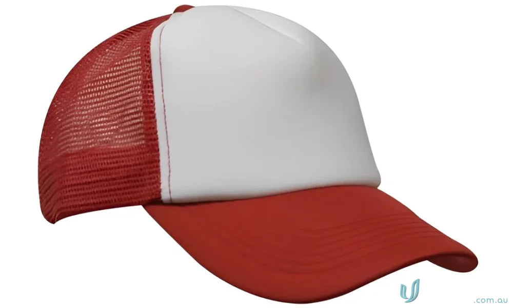Red and white trucker hat shown in Truckers Mesh Cap workwear FAQ link styles