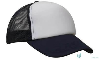 Black and white trucker hat perfect for uniforms and workwear, check our faq link