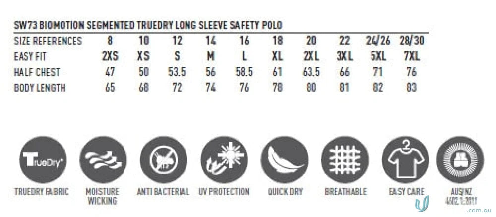 Clothing size chart and fabric info for Truedry® Biomotion Safety Safety Polo