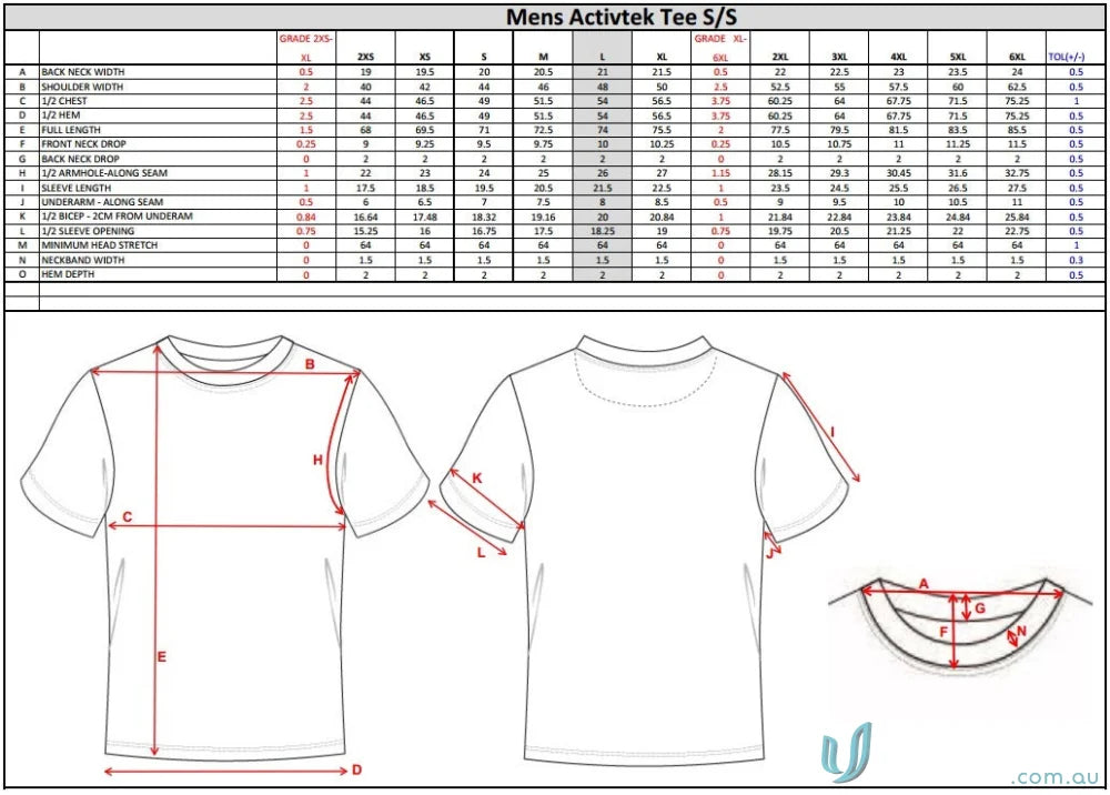 Men’s T-Shirt Size Chart for TS139 Custom Made Sublimated Sports Fabric T-Shirts