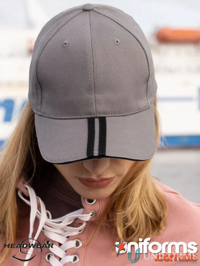 Grey baseball cap with two striped peak and black stripes on the brim