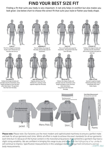Clothing fit guide for Unisex Cotton Stretch Drill Cuffed Work Pants WP28HV