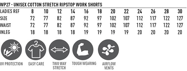 Unisex Cotton Stretch Rip Stop Work Pants With Segmented Tape size chart