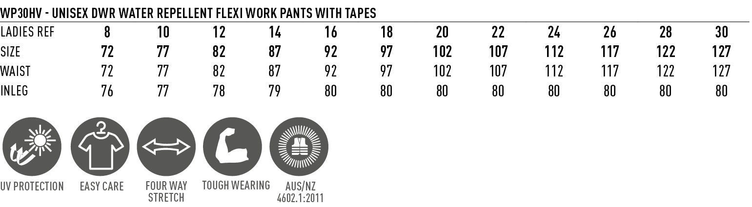 Unisex DWR Water Repellent Flexi Work Pants size chart