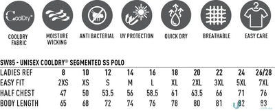 Clothing size chart for Unisex Segmented LS Polo showcasing winning spirit and SW86 fit