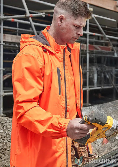 Orange hooded work jacket from Unisex Super Light Packable Rain Jacket collection