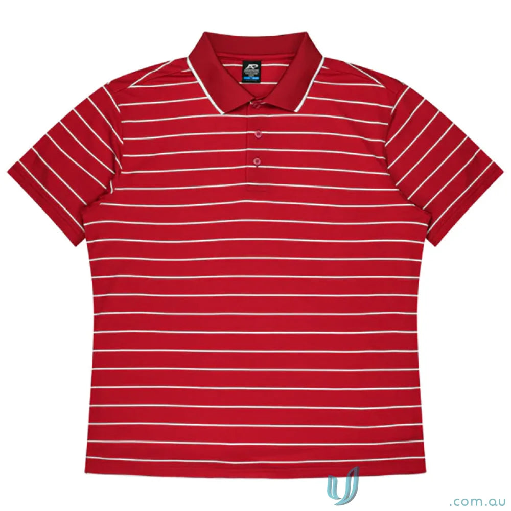 Red polo shirt with thin white stripes and white collar trim from Vaucluse Mens Polo