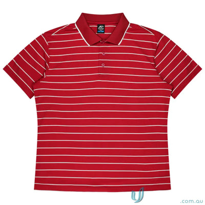 Red polo shirt with thin white stripes and white collar trim from Vaucluse Mens Polo
