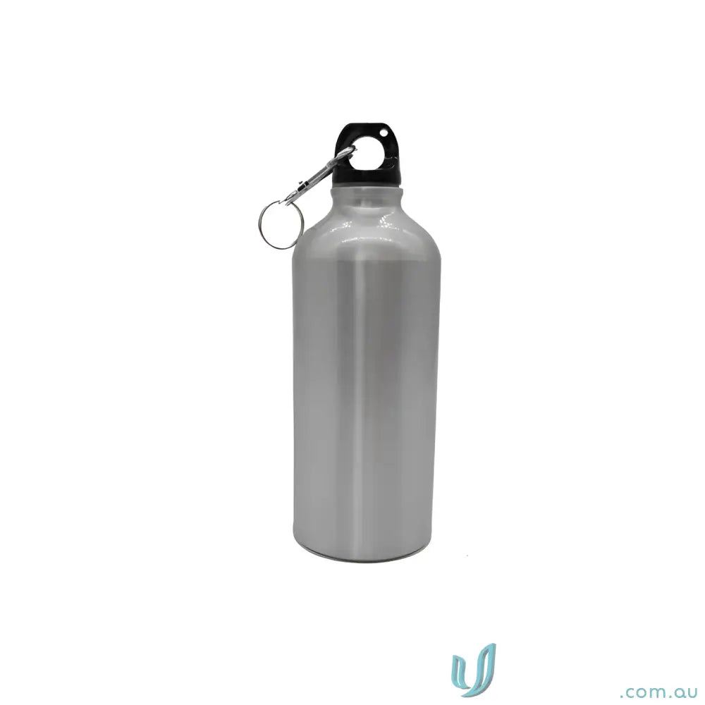 Silver metal Voyager 600ml aluminium water bottle with carabiner clip for hiking