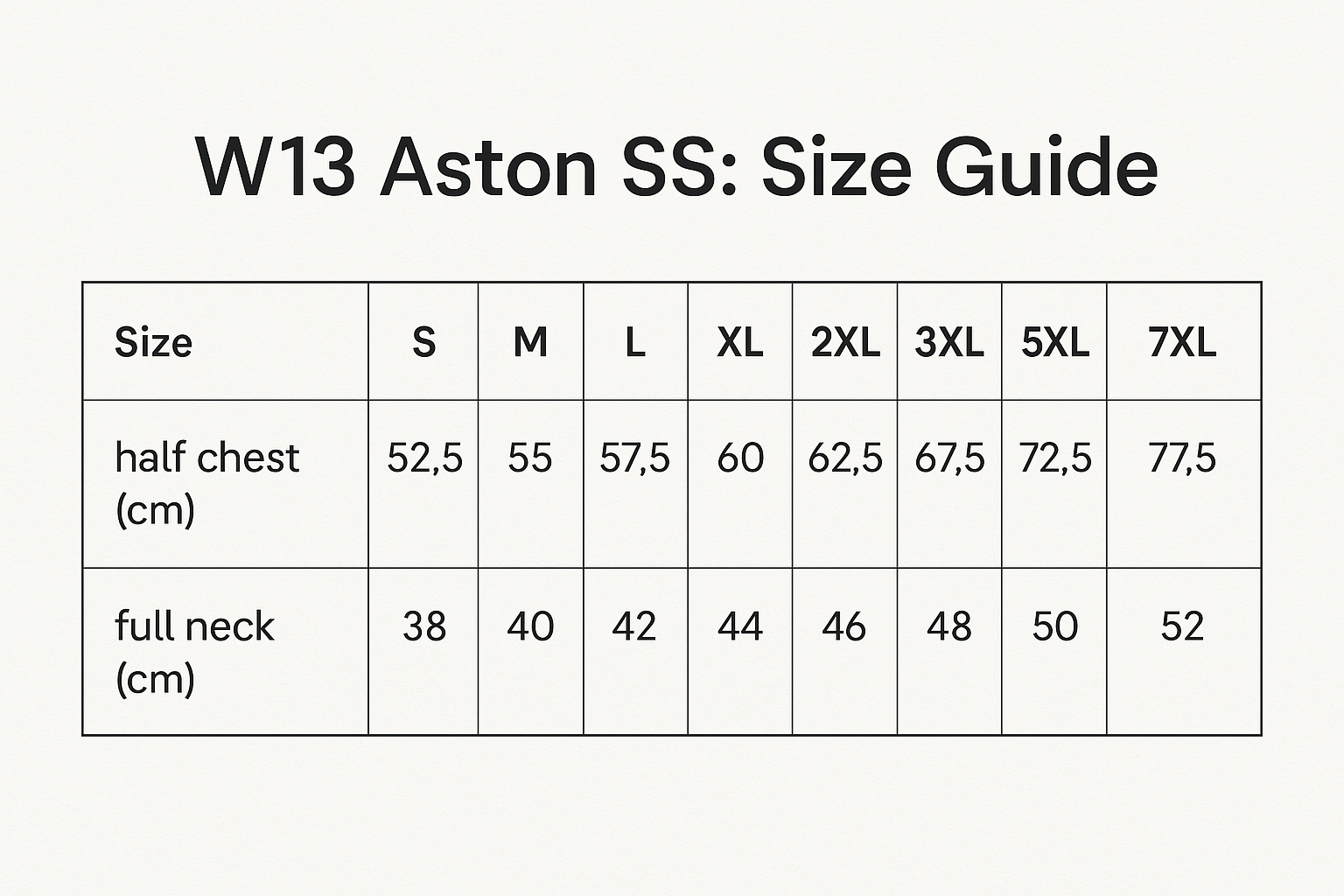 New Aston SS Shirt size chart