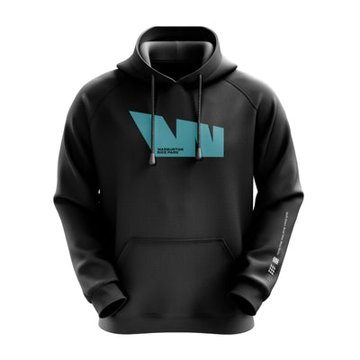 Black hooded sweatshirt with teal logo.