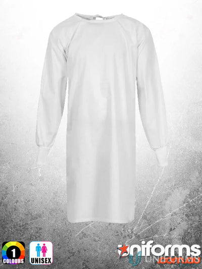 White long-sleeve patient gown with long knit cuffs, reliable uniforms for comfort
