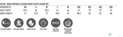 Men’s scrub top size chart and fabric info for Winning Spirit Adult VNeck Contrast Trim Scrub