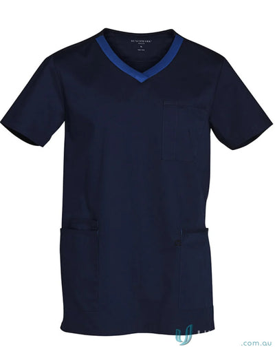 Winning Spirit Adult navy blue V-neck scrub top with contrast trim for a stylish look