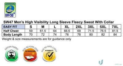 Size chart for Winning Spirit HIvis Jumper cotton fleecy sweat with collar