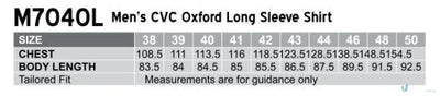Sizing chart for Winning Spirit CVC Oxford LS Shirt m7040l men’s cvc oxford long sleeve