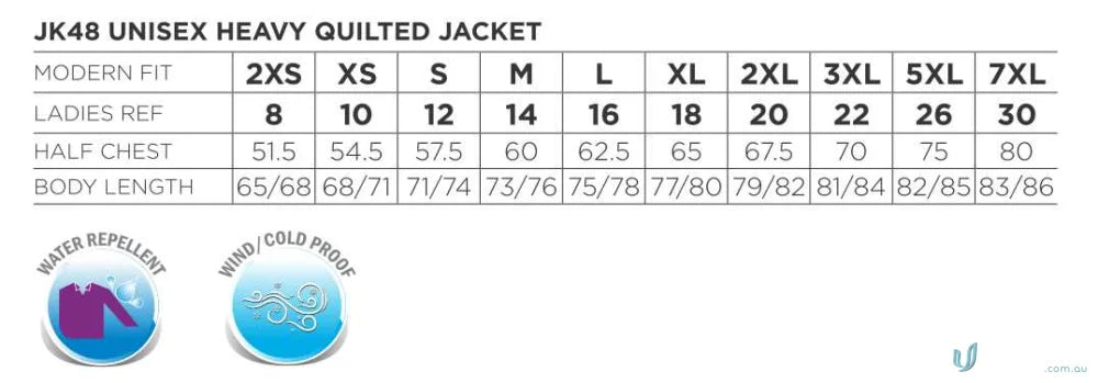 Hotham Puffer Jacket size chart