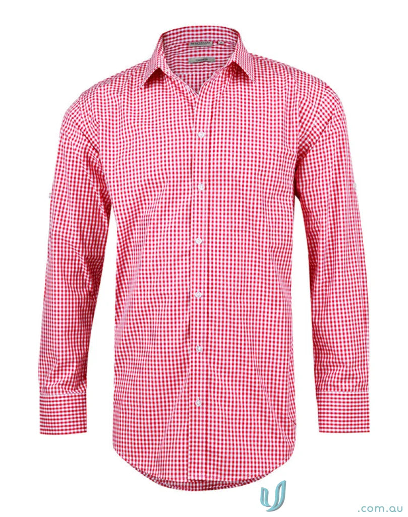 Mens gingham check Red and white long-sleeved shirt from Winning Spirit Gingham Roll, comfy workwear