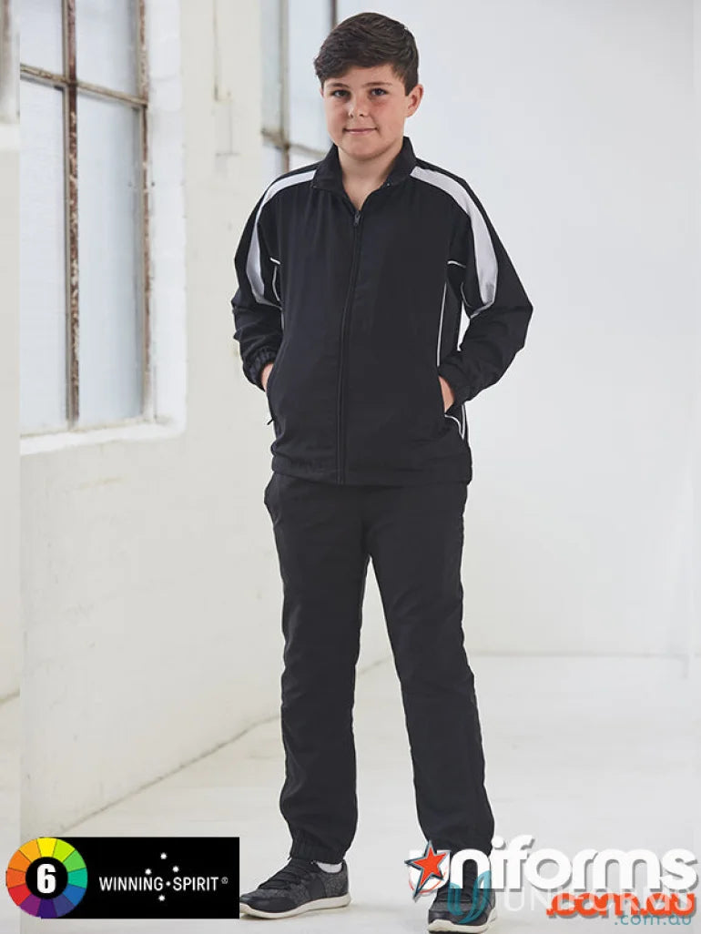 Kids Legend Warm black and silver tracksuit with zip-up leg openings from Winning Spirit Kids