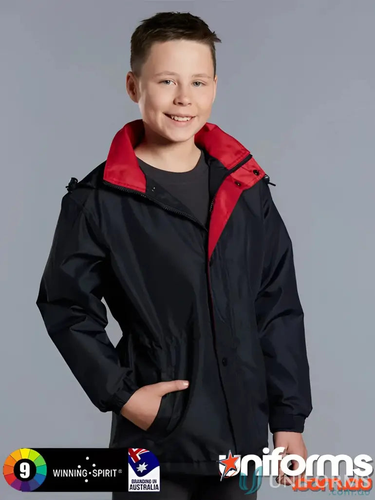 Black and red hooded kids stadium jacket from Winning Spirit Kids JK01K
