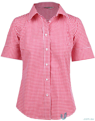 Winning Spirit Ladies Gingham Roll Up S/S Shirt with red and white gingham check pattern