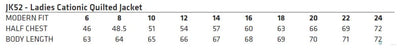 Ladies quilted jacket size chart for Winning Spirit Ladies Jasper Heather Bonded Cationic Jacket