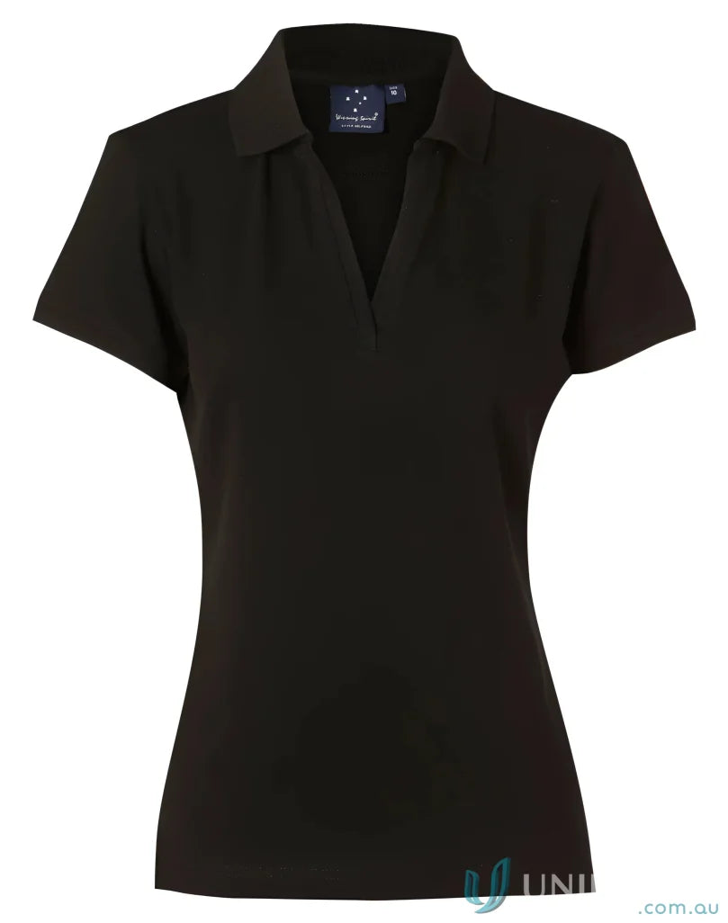 Black womens Winning Spirit Ladies Longbeach Stretch Polo shirt for a comfy sporty look
