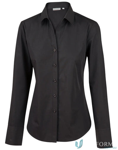 Black long-sleeved button-down shirt from Winning Spirit Ladies Nano Tech collection