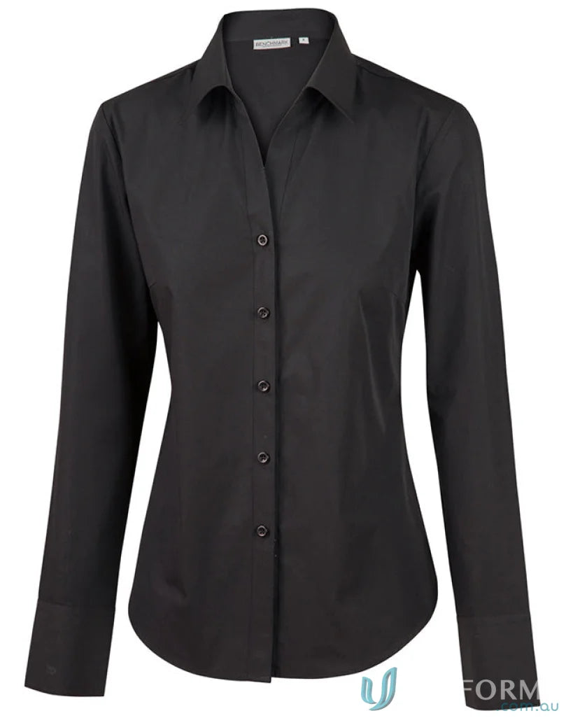 Black long-sleeved button-down shirt from Winning Spirit Ladies Nano Tech collection