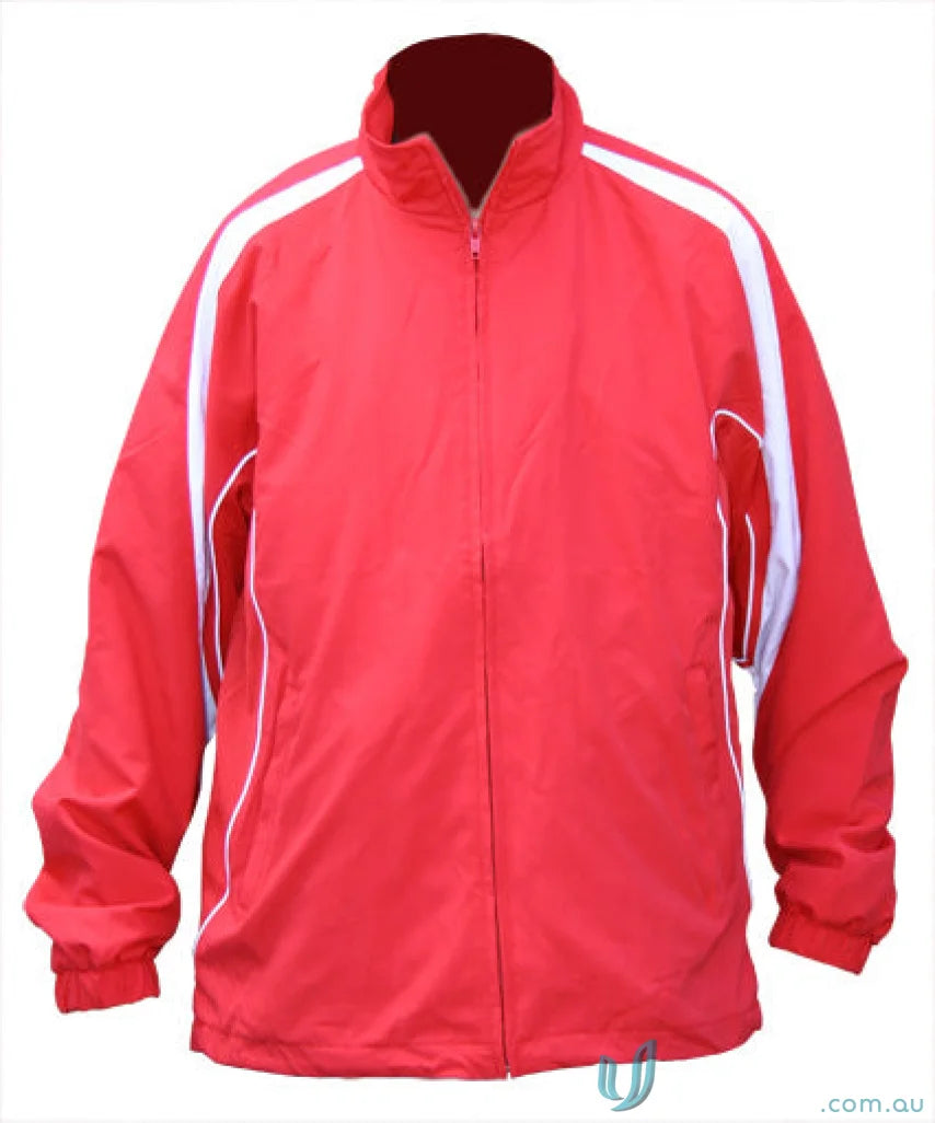 Winning Spirit Legend Warm Up Jacket with red and white zip-up design and water-repellent finish
