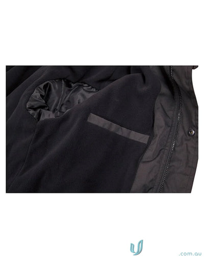 The interior of a black jacket with a zippered closure and an internal pocket.