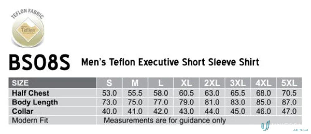 Mens Teflon Winning Spirit Mens executive short sleeve shirt size chart