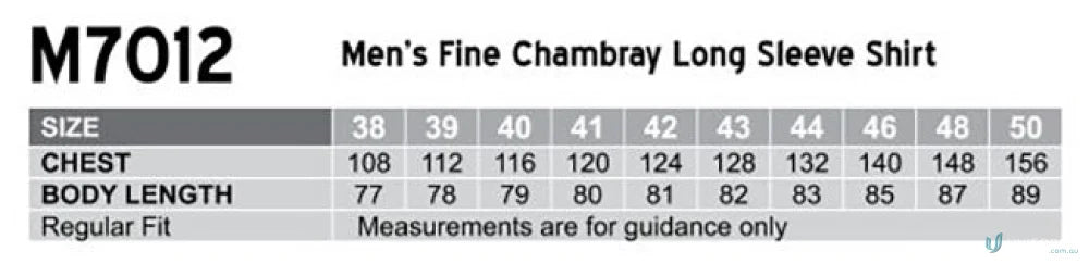 Mens shirt size chart for Winning Spirit Mens Fine Chambray L/S Shirt m7012 mens fine chambray long sleeve style