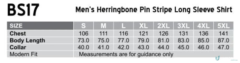 Mens workwear size chart for Winning Spirit Pin BS17 Pin Stripe Shirt