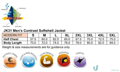 Mens softshell jacket size chart for Winning Spirit JK31 Whistler bonded softshell fabric