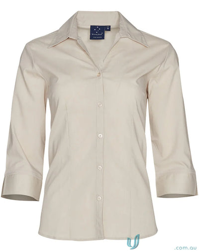 Beige Winning Spirit Womens Executive 3Q Shirt with button-down, ladies Teflon finish