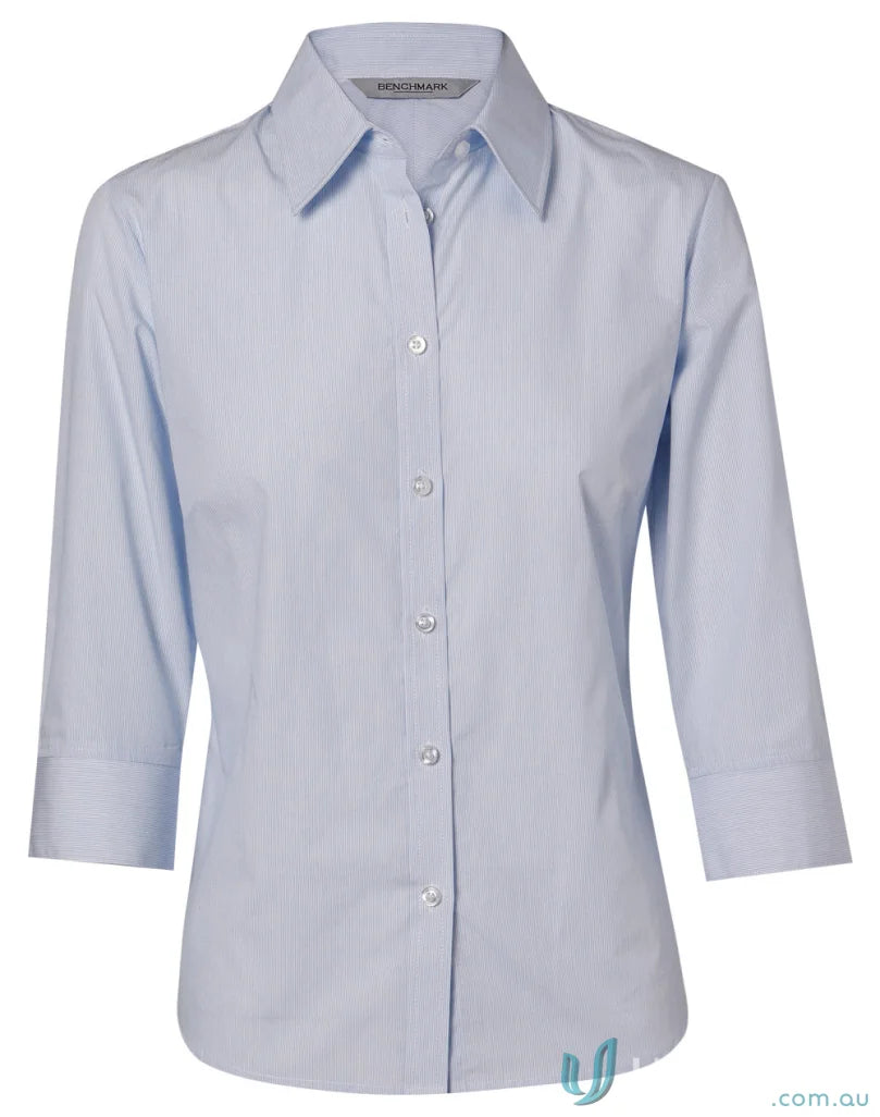 Light blue light blue striped button-down shirt from Winning Spirit womens fine stripe stripe 3Qtr shirt