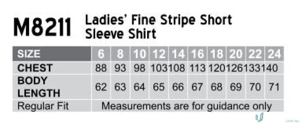 Ladies shirt size chart for Winning Spirit Womens Fine Stripe Short Sleeve Shirt